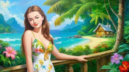 Romantic masterpiece oil painting, cute girl portrait, nostalgic 1950's style kitsch, vibrant rainforest landscape, lush tropical jungle paradise, summer beach cottage scenery, by Thomas Kinkade, by B