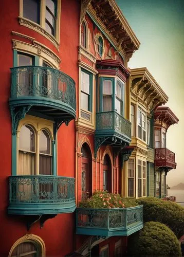 San Francisco architecture, Victorian houses, steep roofs, ornate facades, colorful stucco walls, bay windows, turrets, Gothic Revival style, intricate details, foggy atmosphere, misty morning, Alcatr