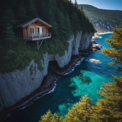 a overhanging wood cabin near the cliff which is near to sea shore,british columbia,vancouver island,house by the water,cliffs ocean,floating huts,raincoast,secluded,blue waters,summer cottage,cliffsi