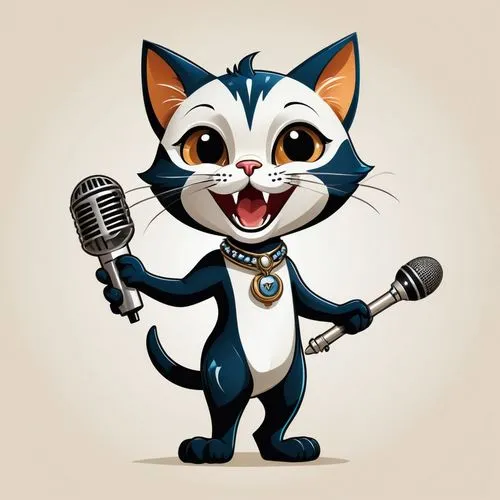 A sleek and modern logo featuring an anthropomorphic kitten with large, expressive eyes and an open-mouthed look of excitement. The kitten is holding a simplified yet elegant microphone stand with cle