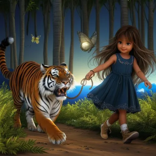 world digital painting,woodland animals,forest animals,chestnut tiger,fantasy picture,children's background,children's fairy tale,kids illustration,tiger lily,tiger cub,fantasy art,a tiger,digital com