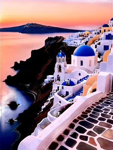 Santorini, Greek island, whitewashed houses, blue domes, narrow cobblestone streets, steep cliffs, Aegean Sea, sunset, warm lighting, panoramic view, 3/4 composition, shallow depth of field, soft focu