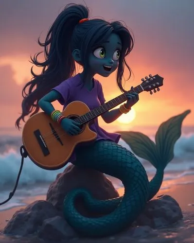 an image of a mermaid with a guitar on the beach,marceline,serenading,serenade,maguana,playing the guitar,ukulele