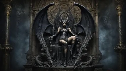 the evil woman with large horns is sitting on a giant throne,demoness,baphomet,malefic,dark angel,hecate,enthroned