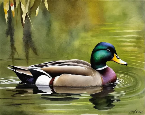 cayuga duck,duck on the water,ornamental duck,waterfowl,mallard,american black duck,brahminy duck,female duck,water fowl,canard,bird painting,oil painting,oil painting on canvas,mallards,watercolor painting,pintail,green winged teal (american),wood duck,goldeneye,the duck,Illustration,Paper based,Paper Based 24