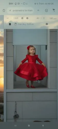 a little girl in a red dress, wearing an orange bow on her head,superimposed,flying girl,lenderman,jeeter,blurred background,blurring,Photography,General,Realistic