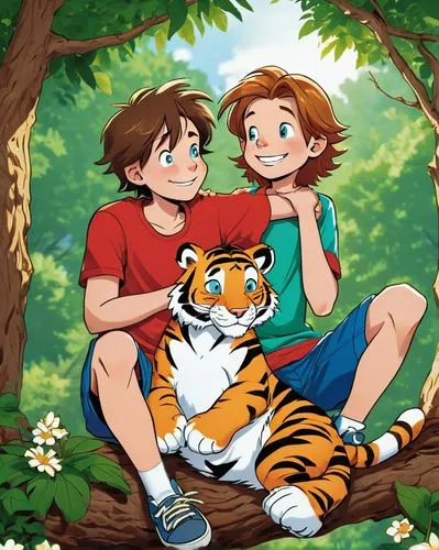 tigers,mowgli,happy children playing in the forest,tigerle,chestnut tiger,lilo,felidae,childhood friends,young tiger,tarzan,a tiger,studio ghibli,lion children,children's background,kyi-leo,cute cartoon image,ritriver and the cat,tiger,girl and boy outdoor,tigger,Illustration,Paper based,Paper Based 09