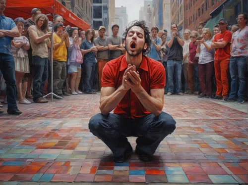 Amidst a bustling city, a street performer captivates the crowd with hypnotic tricks and illusions.,man praying,boy praying,praying woman,woman praying,prayer,girl praying,kneeling,praying hands,house