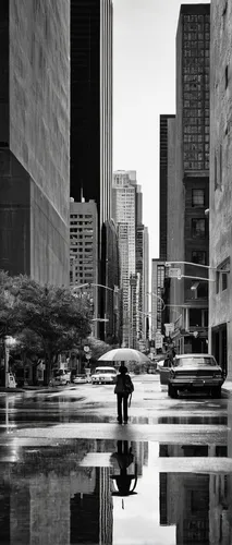 blackandwhitephotography,city scape,man with umbrella,monochrome photography,urban landscape,cape town cbd,reflected,reflecting pool,chicago,fountainhead,reflections,puddle,reflect,street photography,black city,puddles,walking in the rain,gray-scale,city ​​portrait,midtown,Photography,Black and white photography,Black and White Photography 01