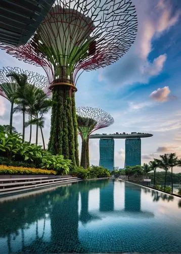 Marina Bay Sands, luxurious hotel, Singapore, modern architecture, sleek lines, gleaming glass, steel structure, rooftop infinity pool, observation deck, cityscape view, Gardens by the Bay, Marina Bay