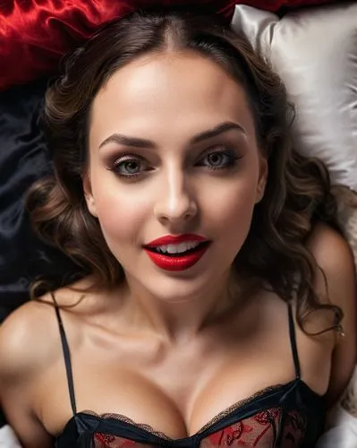 woman on bed,red lips,red lipstick,girl in bed,woman laying down,giada,Photography,General,Cinematic