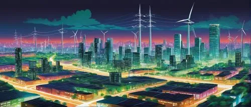 cybertown,cybercity,electrical grid,megapolis,futuristic landscape,futuregen,neuromancer,electric tower,powergrid,megacities,cyberworld,urbanworld,wind park,fantasy city,cyberonics,futurepop,cyberport,industrial landscape,ecotopia,citycell,Illustration,Paper based,Paper Based 22