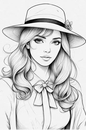 a drawing of a woman wearing a hat with a bow,camie,straw hat,girl wearing hat,fashion vector,the hat-female,coreldraw,Design Sketch,Design Sketch,Detailed Outline