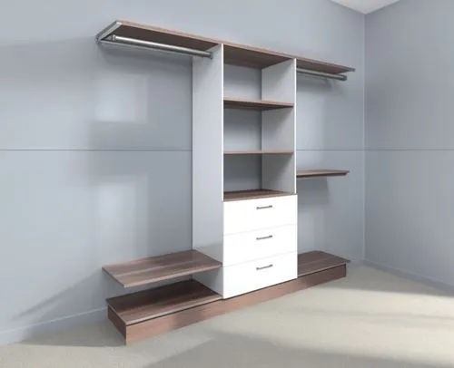 WHITE MELANINE, ALL SHELVES IN WHITE MELANINE,  BRIGTH CROME TUBES FOR HANGING CLOTHES, ALUMINIUM SKIRTING BOARD AT THE BOTTOM

,storage cabinet,wooden shelf,highboard,shelving,dumbwaiter,walk-in clos