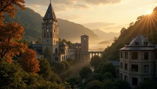 Majestic medieval towers, ornate stone carvings, grandiose architecture, mystical atmosphere, misty dawn, warm golden lighting, soft focus, cinematic composition, 1/2 portrait orientation, vivid color