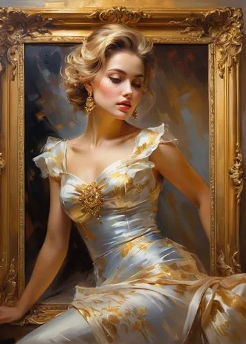 gold leaf,gold filigree,gold paint strokes,romantic portrait,gold lacquer,gold yellow rose,gold foil art,golden frame,golden crown,evening dress,golden color,art deco woman,gilding,gold paint stroke,mary-gold,art painting,fantasy portrait,golden haired,gold color,oil painting,Conceptual Art,Oil color,Oil Color 03