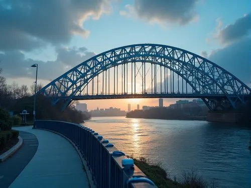 Baby blue, steel arch bridge, gentle curve, intricate latticework, modern urban landscape, cityscape, river flowing underneath, greenery on both banks, walking path, street lamps, warm sunset light, s