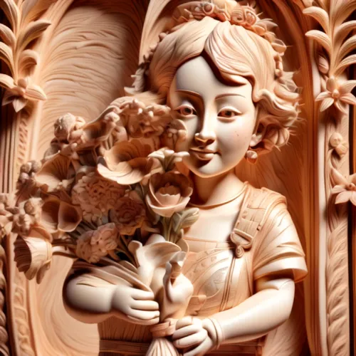 wood carving,terracotta flower pot,carved wood,decorative figure,hare krishna,harp with flowers,stone carving,terracotta,clay tile,theravada buddhism,garden decoration,flower decoration,decorative art