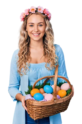 Easter girl, happy, smiling, blonde hair, curls, braids, flower crown, colorful eggs, basket, spring flowers, green grass, soft sunlight, warm colors, shallow depth of field, 3/4 composition, panorami