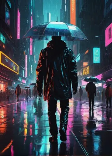 cyberpunk,bladerunner,pedestrian,walking in the rain,synthetic,cybercity,cyberpunks,futuristic,noir,cyberscene,dystopian,cyberpatrol,neuromancer,replicants,man with umbrella,cityscape,cyberian,mute,shadowrun,synth,Photography,Artistic Photography,Artistic Photography 06