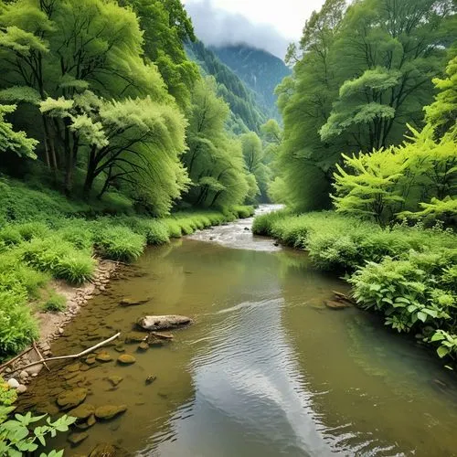 dunajec,nitobe,clear stream,green trees with water,pieniny,japan landscape,weiher,wupper,green landscape,iwatake,beautiful japan,bosne,miyatake,mountain river,goldstream,green forest,mitake,green summer,verdant,mountain stream