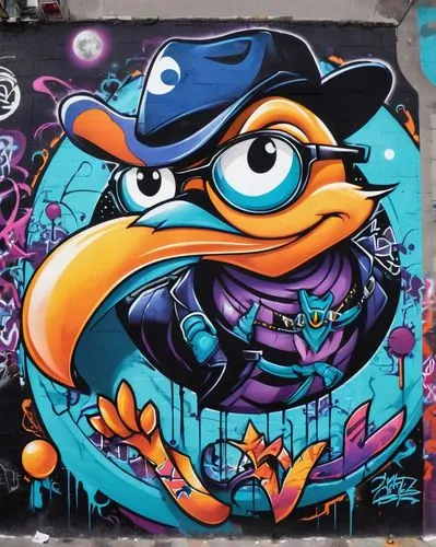 dark grind, mix venom caracter, smile, dark moon, glasses, hat, ghotic ,a graffiti wall that has a bird in a hat on top,welin,perry,gonzo,roa,graffiti art,pingeon,Conceptual Art,Graffiti Art,Graffiti 