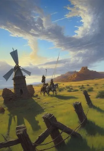 the windmills,quixote,rural landscape,don quixote,quijote,windmills,Illustration,Realistic Fantasy,Realistic Fantasy 03