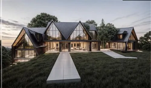 Modern, Floor to ceiling glass, inviting,an artist's rendering shows the exterior of a modern house with grass and stepping paths,timber house,passivhaus,cubic house,3d rendering,modern house,homebuil