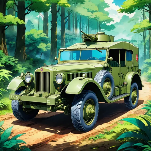 willys jeep,willys jeep truck,artillery tractor,military jeep,military vehicle,dodge m37,gaz-53,jeep,dodge power wagon,half track,jeep cj,combat vehicle,humvee,land rover series,ural-375d,willys-overland jeepster,defender,m35 2½-ton cargo truck,land-rover,willys,Illustration,Japanese style,Japanese Style 03