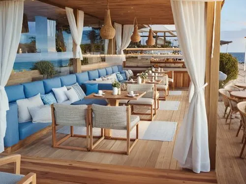 a dining area at an ocean front restaurant,beach restaurant,penthouses,seafrance,wooden decking,deckhouse,wood deck,Photography,General,Commercial