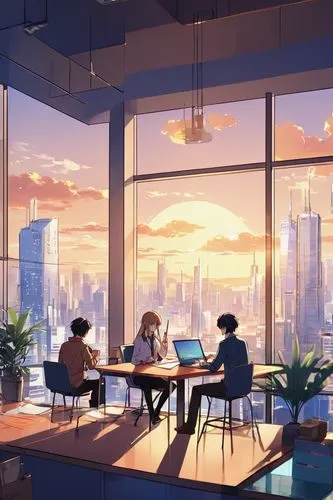 sky apartment,study room,shared apartment,modern office,evening atmosphere,beit,clubroom,overlooking,window sill,classroom,cityscape,summer evening,apartment,cityview,offices,skyline,evening city,honolulu,skylines,working space,Illustration,Japanese style,Japanese Style 03