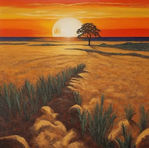 beach landscape,coastal landscape,dune landscape,desert landscape,rural landscape,an island far away landscape,autumn landscape,desert desert landscape,landscape with sea,lughnasadh,lone tree,ploughed,setting sun,mostovoy,dubbeldam,landscape background,arid landscape,wheat field,carol colman,home landscape,Illustration,Realistic Fantasy,Realistic Fantasy 21