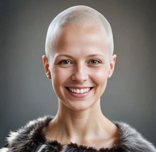 a smiling woman without hair,cancer icon,hair loss,short-tailed cancer,cancer ribbon,solid tumor,management of hair loss,chemotherapy,anti-cancer mushroom,facial cancer,cancer sign,chemo,chemo therapy