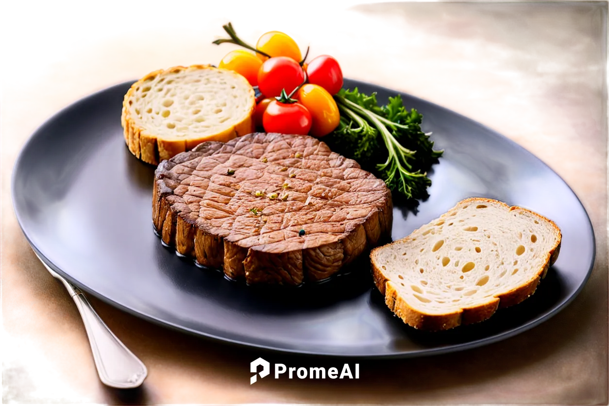 Delicious food, black plate, still life, appetizing, juicy steak, roasted vegetables, golden-brown crusty bread, silverware utensils, elegant table setting, softbox lighting, shallow depth of field, 3