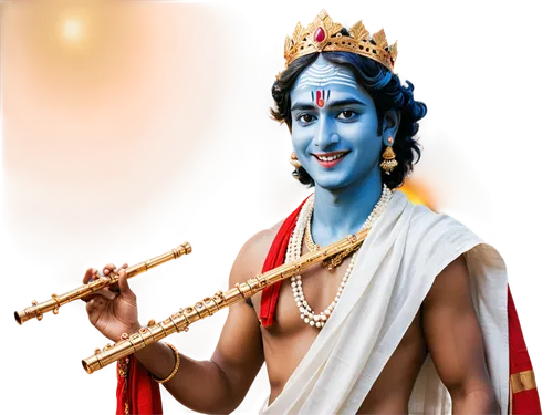 Lord Krishna, Hindu god, blue-skinned, smiling, adorned crown, golden earrings, white dhoti, red shawl, holding flute, standing, relaxed posture, natural makeup, detailed facial features, soft focus, 