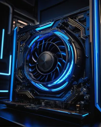 Modern Nvidia Hopper architecture, futuristic design, metallic materials, sleek lines, glowing blue LED lights, intricate circuitry, high-performance computing, advanced cooling system, large fans, in