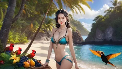 realistic rich colors, tropical forest, early morning, ocean, blue sky, tropical island, tropical birds, tropical flowers, tropical fruits,beach background,dyesebel,mermaid background,landscape backgr