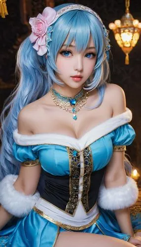 night, Marie Rose, off shoulder top, fluffy shorts, expressive very beautiful eyes, beautiful lips, Arabian princess costume, long light blue beautiful hair,,a girl is sitting down wearing a blue outf