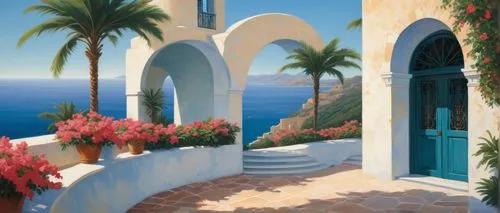 positano,mediterranean,santorini,capri,archways,arches,ravello,world digital painting,overpainting,cliffside,roof landscape,bougainvilleans,terrazza,digital painting,greek island door,alcove,oia,ocean view,paradisus,mediterrean,Illustration,Abstract Fantasy,Abstract Fantasy 20