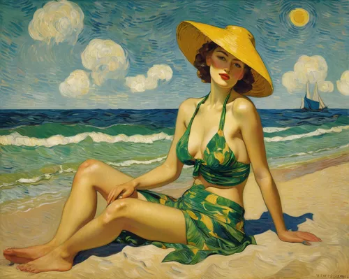 art deco woman,woman with ice-cream,yellow sun hat,beach landscape,the beach pearl,sun hat,panama hat,1926,young woman,advertising figure,woman sitting,high sun hat,margarite,girl on the dune,girl in a long dress,rosa bonita,art deco,1925,lido di ostia,beach chair,Art,Artistic Painting,Artistic Painting 03