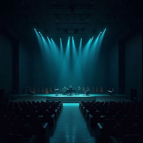 Concert house, modern architecture, dark cyan color scheme, sleek lines, geometric shapes, minimalist design, LED stage lighting, spotlights, audience seating, wooden floor, soundproof walls, grand pi