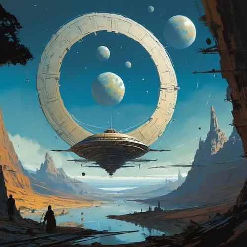 futuristic landscape,sci fiction illustration,scifi,saucer,colony,stargate,alien planet,sci - fi,sci-fi,sci fi,alien world,ufo,gas planet,space art,orbiting,airships,saturnrings,space ships,orbital,spheres,Conceptual Art,Sci-Fi,Sci-Fi 01