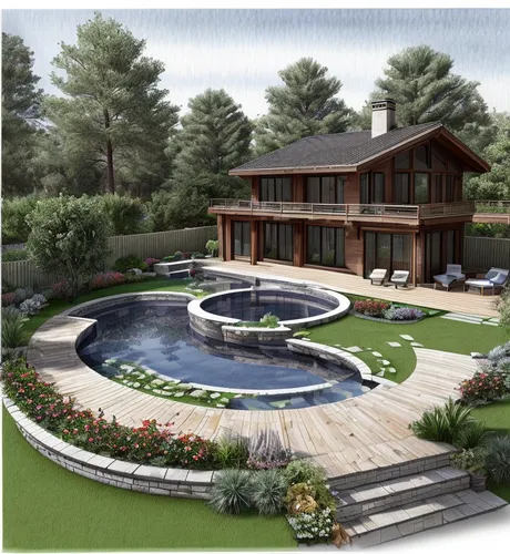 Gardening plan with Barcelona style house , leaf shaped pond, Small circular area, pine-tree, blue print drawing, water colour printed paper. Technical dimensions and caution , boundary with materials