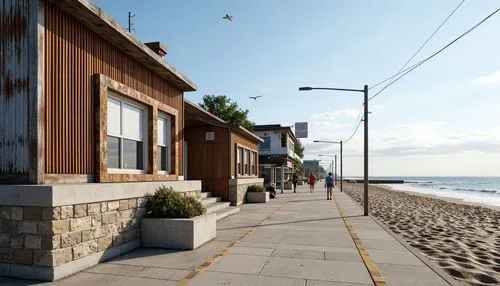 Weathered wooden boards, rusted metal cladding, corrugated iron sheets, ocean-inspired color palette, sandy dunes, seaside promenade, salty air, crashing waves, seagulls flying overhead, coastal erosi