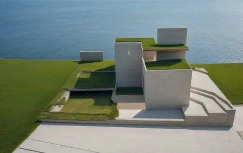 Realistic image replaces the brown color replaces it with grass, White concrete buildings,an aerial view of an unusual looking building,citadel hill,siza,chillida,wylfa,malaparte,remota,Photography,Ge