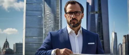 Mature male, architect, 40yo, short beard, black framed glasses, white shirt, dark blue suit, tie, holding a blueprint, standing in front of a large-scale model of a skyscraper, modern cityscape, urba