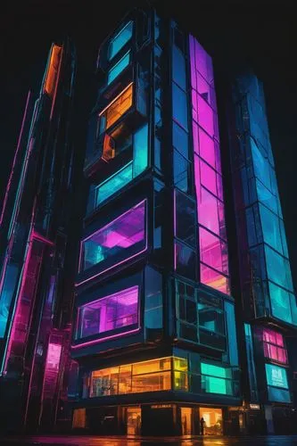 colored lights,colorful facade,colorful city,hypermodern,apartment block,tetris,cyberpunk,techno color,cybertown,apartment building,cybercity,abstract retro,glass building,colorful light,polara,electrohome,futuristic,rgb,apartments,metropolis,Illustration,Realistic Fantasy,Realistic Fantasy 29