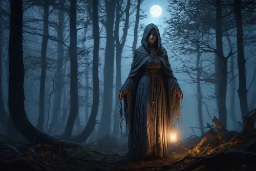 sorceress,the witch,cloak,priestess,light bearer,the enchantress,sleepwalker,fantasy picture,the night of kupala,blue enchantress,mystical portrait of a girl,the wanderer,light of night,sci fiction illustration,shamanic,hooded man,druids,shamanism,the mystical path,faerie,Conceptual Art,Fantasy,Fantasy 09