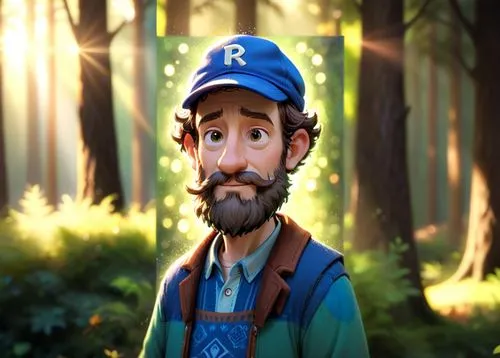 A 50 year old man, he is a forester, he is wearing an blue cap with a logo on it, his beard is greay and chesnuts colored, he is wearing forester clothes green and brown colored, he has a few rickles 