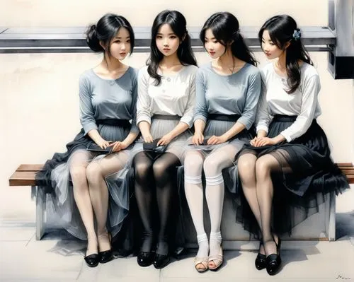 Oil painting of 3 japanese girls, wearing ombre tulle maxi skirts in different colors, flat shoes, longsleeved t-shirts, sheer pantyhose, different hair styles, sitting on a bench in giant crowded Mod